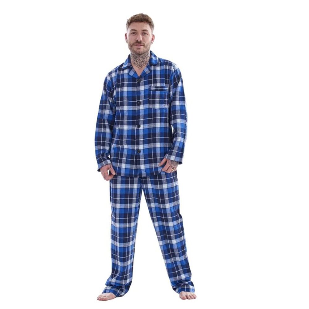 Keanu Mens Checked Brushed Long Pyjama Set / Blue/Gray